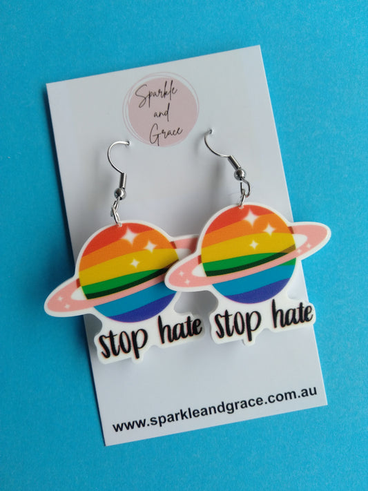 Stop Hate Planet Dangle Earrings